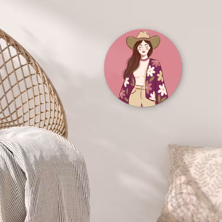 Glasbild Rund - Frau – Hut – Porträt – Illustration – Rosa - Vrouw - Hoed - Portret - Illustratie - Roze Wandcirkel plexiglas klein