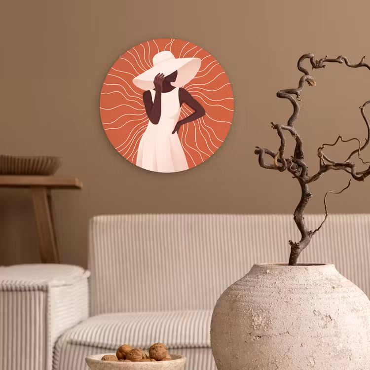 Glasbild Rund - Frau – Hut – Porträt – Modern – Beige - Vrouw - Hoed - Portret - Modern - Beige Wandcirkel plexiglas klein