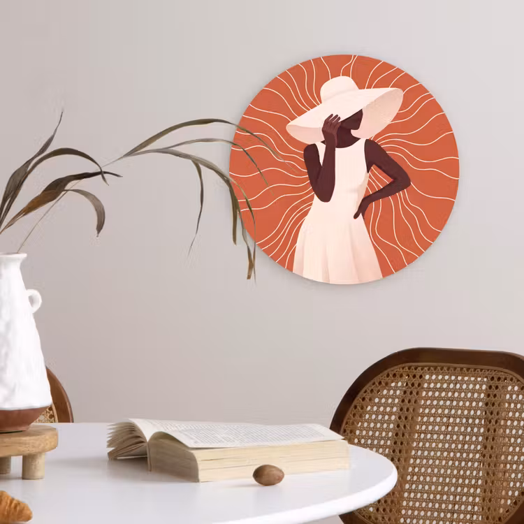 Glasbild Rund - Frau – Hut – Porträt – Modern – Beige - Vrouw - Hoed - Portret - Modern - Beige Wandcirkel plexiglas klein