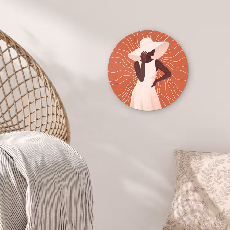 Glasbild Rund - Frau – Hut – Porträt – Modern – Beige - Vrouw - Hoed - Portret - Modern - Beige Wandcirkel plexiglas klein