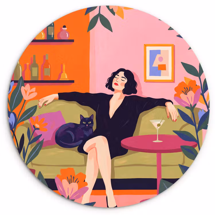 Glasbild Rund - Frau – Katze – Inneneinrichtung – Modern – Farbenfroh - Vrouw - Kat - Interieur - Modern - Kleurrijk Wandcirkel plexiglas klein
