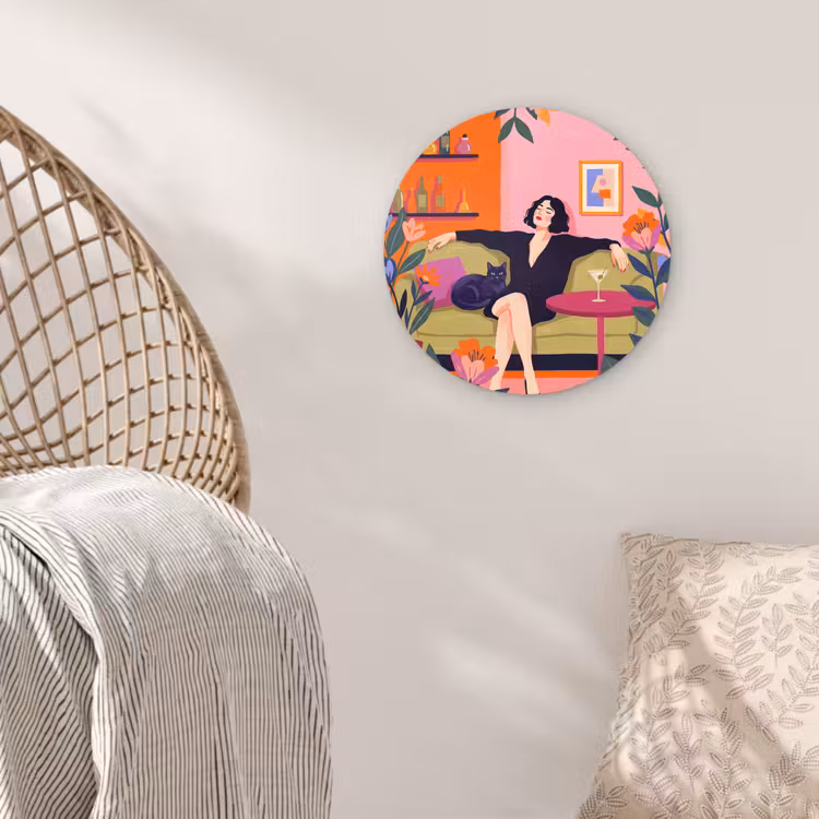 Glasbild Rund - Frau – Katze – Inneneinrichtung – Modern – Farbenfroh - Vrouw - Kat - Interieur - Modern - Kleurrijk Wandcirkel plexiglas klein