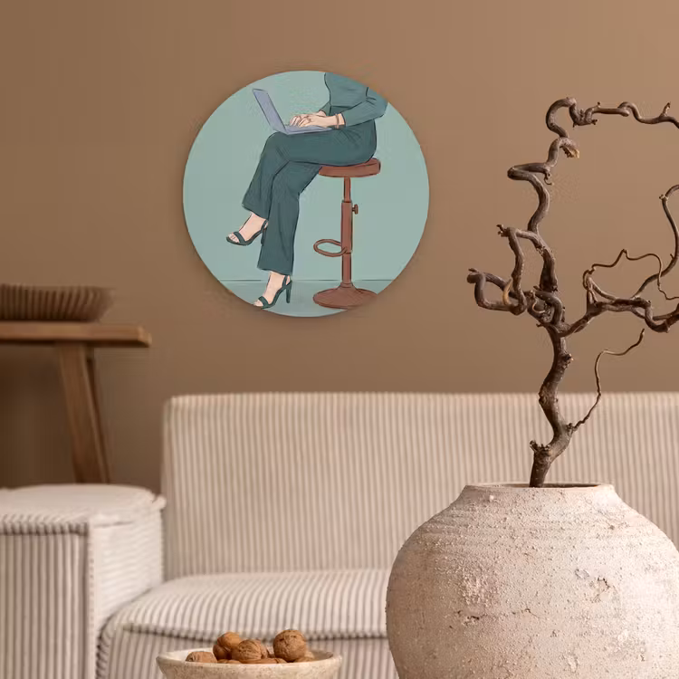 Glasbild Rund - Frau – Laptop – sitzend – Illustration – Grün - Vrouw - Laptop - Zittend - Illustratie - Groen Wandcirkel plexiglas klein