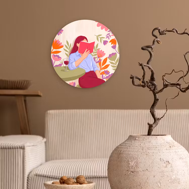 Glasbild Rund - Frau – Lesen – Zuhause – Modern – Blumen - Vrouw - Lezen - Thuis - Modern - Bloemen Wandcirkel plexiglas klein