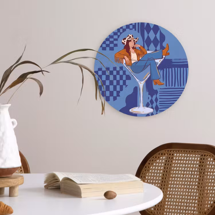 Glasbild Rund - Frau – Martini-Glas – Abstrakt – Blau – Kunst - Vrouw - Martini glas - Abstract - Blauw - Kunst Wandcirkel plexiglas klein