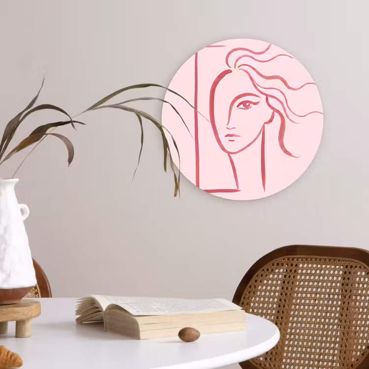 Glasbild Rund - Frau – Porträt – Abstrakt – Strichzeichnung – Rot - Vrouw - Portret - Abstract - Lijnkunst - Rood Wandcirkel plexiglas klein