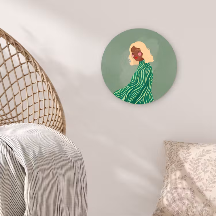 Glasbild Rund - Frau – Porträt – Illustration – Modern – Grün - Vrouw - Portret - Illustratie - Modern - Groen Wandcirkel plexiglas klein