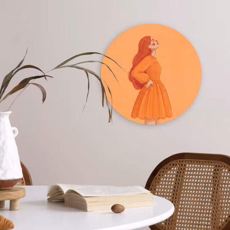 Glasbild Rund - Frau – Profil – Menschen – Modern – Orange - Vrouw - Profiel - Mensen - Modern - Oranje Wandcirkel plexiglas klein
