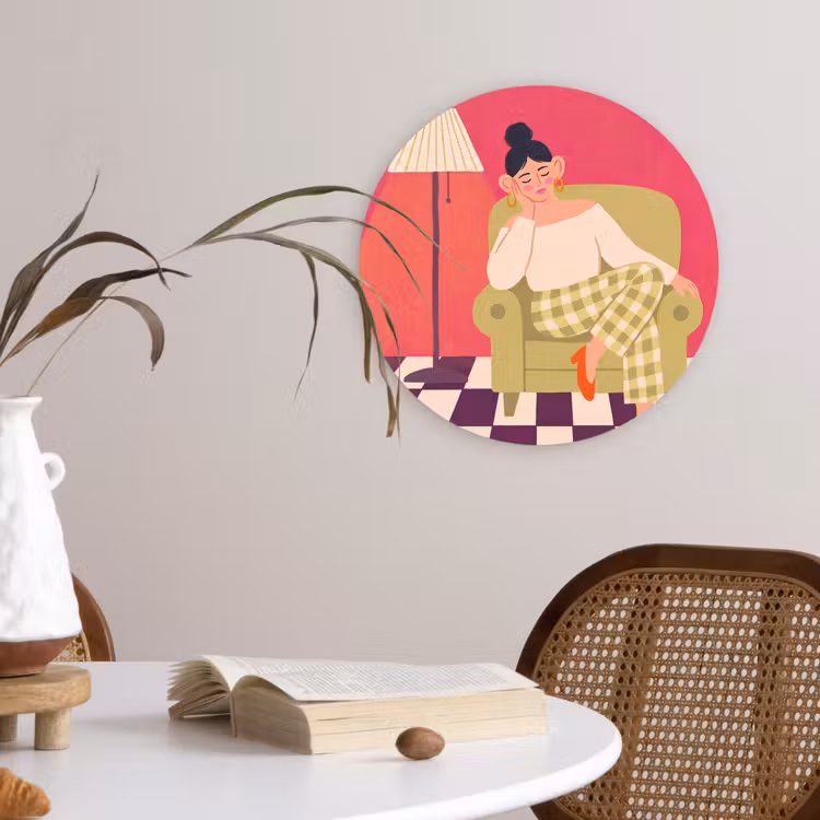 Glasbild Rund - Frau – Ruhe – Innenraum – Modern – Kunst - Vrouw - Rust - Interieur - Modern - Kunst Wandcirkel plexiglas klein