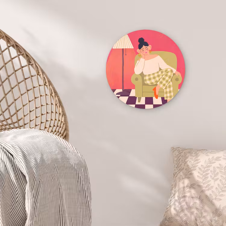Glasbild Rund - Frau – Ruhe – Innenraum – Modern – Kunst - Vrouw - Rust - Interieur - Modern - Kunst Wandcirkel plexiglas klein
