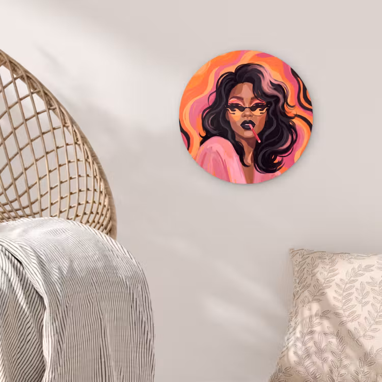 Glasbild Rund - Frau – Sonnenbrille – Modern – Porträt – Orange - Vrouw - Zonnebril - Modern - Portret - Oranje Wandcirkel plexiglas klein