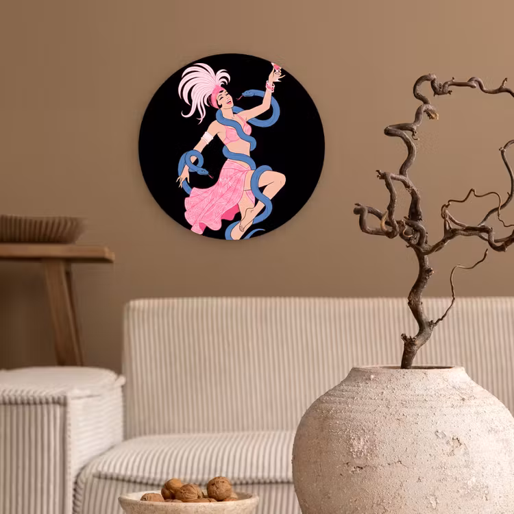 Glasbild Rund - Frau – Tänzerin – Schlangen – Art Déco – Rosa - Vrouw - Danseres - Slangen - Art Deco - Roze Wandcirkel plexiglas klein
