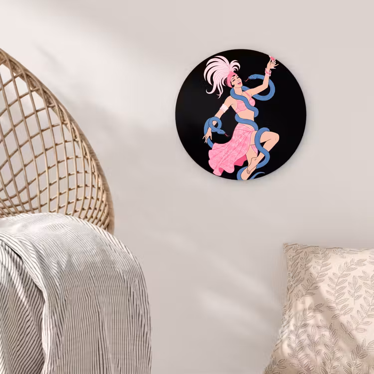 Glasbild Rund - Frau – Tänzerin – Schlangen – Art Déco – Rosa - Vrouw - Danseres - Slangen - Art Deco - Roze Wandcirkel plexiglas klein