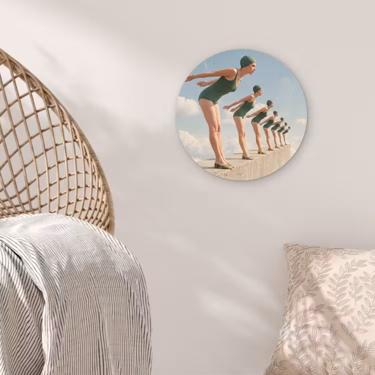 Glasbild Rund - Frauen – Tauchhaltung – Wolken - Vrouwen - Duikhouding - Wolken Wandcirkel plexiglas klein