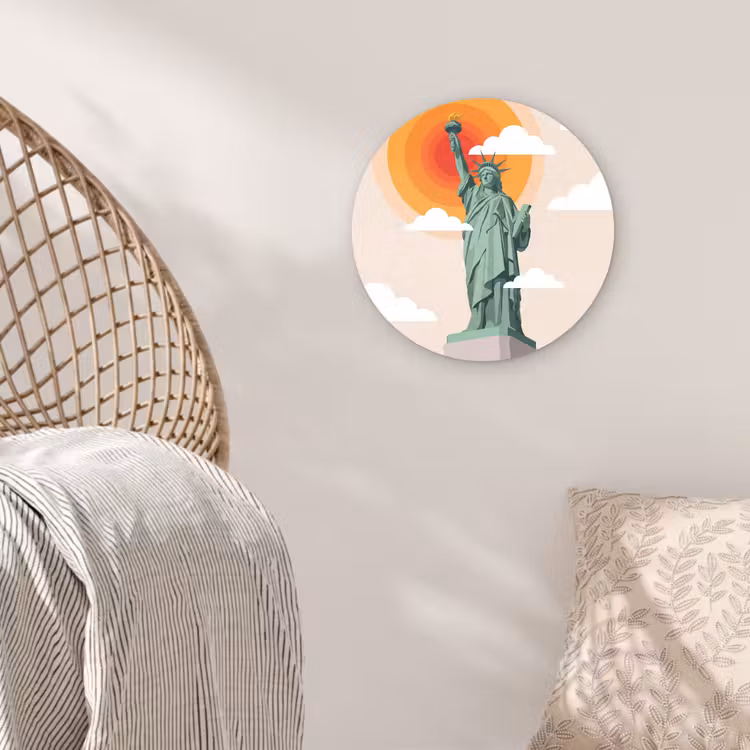 Glasbild Rund - Freiheitsstatue – New York – Sonne – Modern - Vrijheidsbeeld - New York - Zon - Modern Wandcirkel plexiglas klein