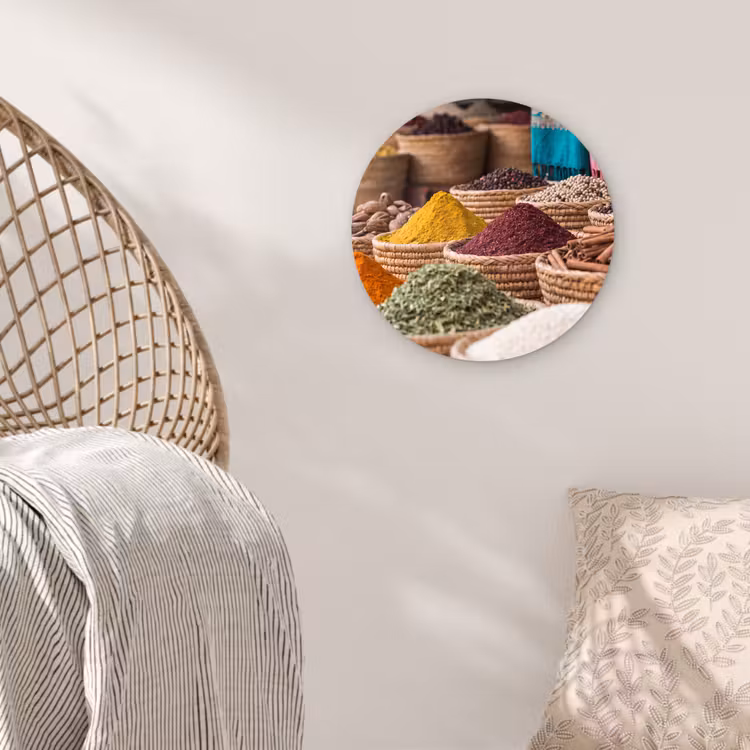 Glasbild Rund - Gewürze – Körbe – Orientalisch - Kruiden - Manden - Oosters Wandcirkel plexiglas klein