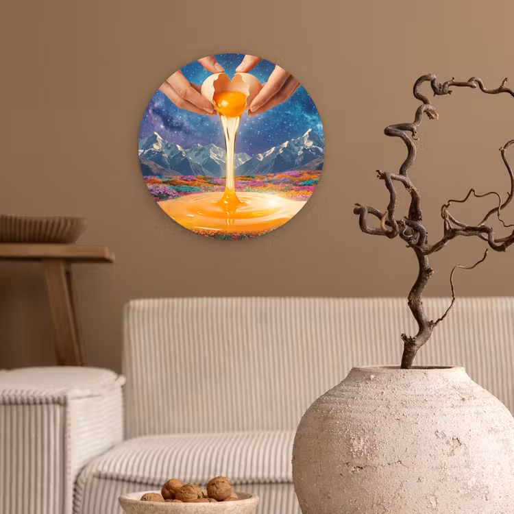 Glasbild Rund - Hände – Ei – Surrealismus - Handen - Ei - Surrealisme Wandcirkel plexiglas klein