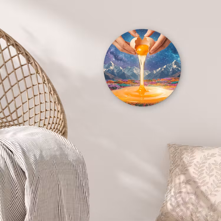 Glasbild Rund - Hände – Ei – Surrealismus - Handen - Ei - Surrealisme Wandcirkel plexiglas klein