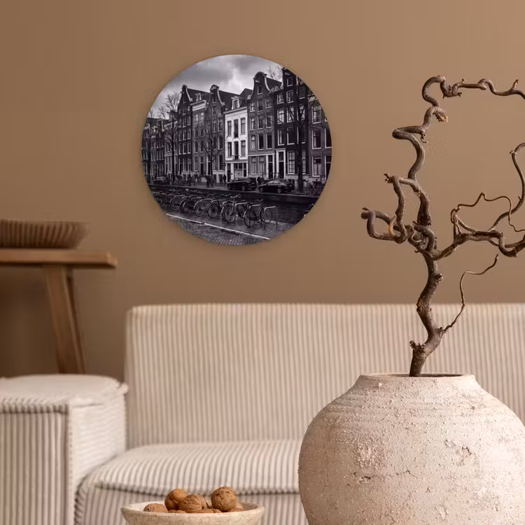 Glasbild Rund - Haus – Kanal – Amsterdam – Architektur – Schwarz-Weiß - Huis - Gracht - Amsterdam - Architectuur - Zwart-wit Wandcirkel plexiglas klein