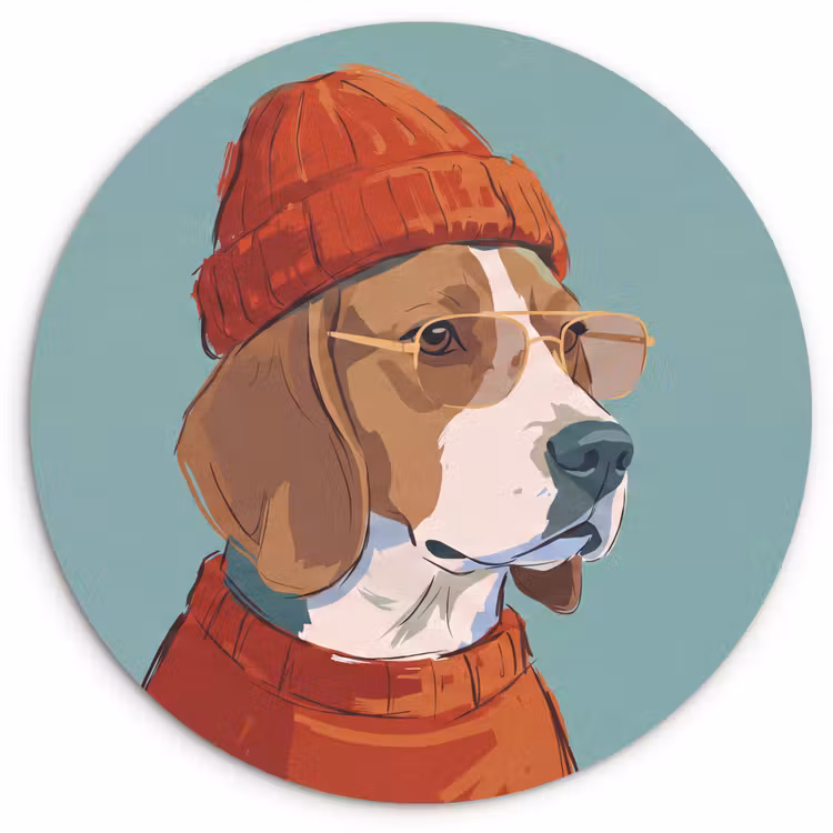 Glasbild Rund - Hund – Mütze – Sonnenbrille – Tiere – Modern - Hond - Beanie - Zonnebril - Dieren - Modern Wandcirkel plexiglas klein