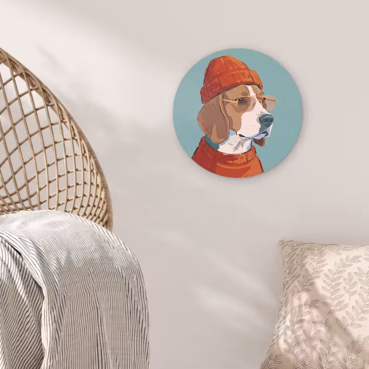 Glasbild Rund - Hund – Mütze – Sonnenbrille – Tiere – Modern - Hond - Beanie - Zonnebril - Dieren - Modern Wandcirkel plexiglas klein