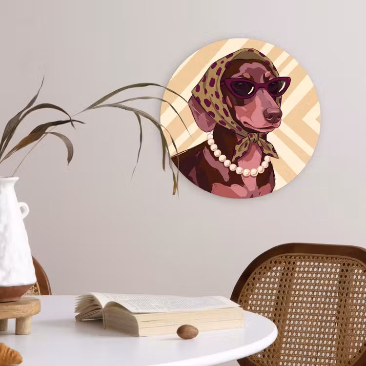 Glasbild Rund - Hund – Sonnenbrille – Kopftuch – Tiere – Modern - Hond - Zonnebril - Hoofddoek - Dieren - Modern Wandcirkel plexiglas klein