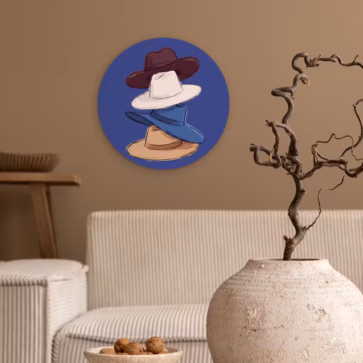 Glasbild Rund - Hüte – gestapelt – Mode – farbenfroh – Illustration - Hoeden - Gestapeld - Mode - Kleurrijk - Illustratie Wandcirkel plexiglas klein