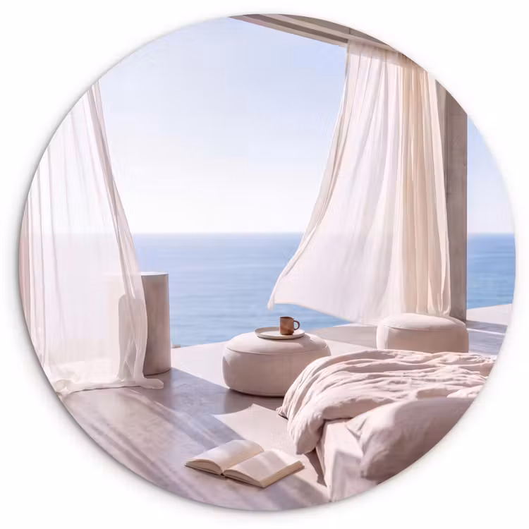 Glasbild Rund - Innenausstattung – Meerblick – Modern – Ruhe – Beige - Interieur - Zeezicht - Modern - Rust - Beige Wandcirkel plexiglas klein