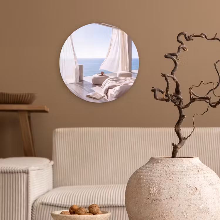 Glasbild Rund - Innenausstattung – Meerblick – Modern – Ruhe – Beige - Interieur - Zeezicht - Modern - Rust - Beige Wandcirkel plexiglas klein