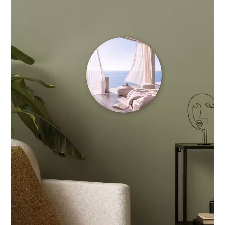 Glasbild Rund - Innenausstattung – Meerblick – Modern – Ruhe – Beige - Interieur - Zeezicht - Modern - Rust - Beige Wandcirkel plexiglas klein