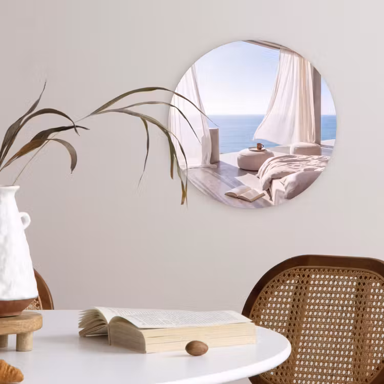 Glasbild Rund - Innenausstattung – Meerblick – Modern – Ruhe – Beige - Interieur - Zeezicht - Modern - Rust - Beige Wandcirkel plexiglas klein