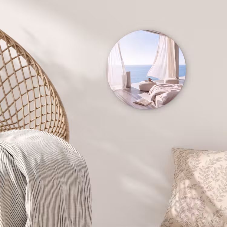 Glasbild Rund - Innenausstattung – Meerblick – Modern – Ruhe – Beige - Interieur - Zeezicht - Modern - Rust - Beige Wandcirkel plexiglas klein
