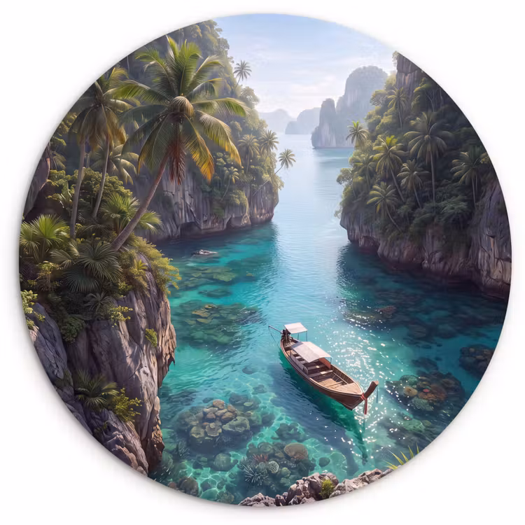 Glasbild Rund - Insel – Tropisch – Wasser – Palmen – Natur - Eiland - Tropisch - Water - Palmbomen - Natuur Wandcirkel plexiglas klein
