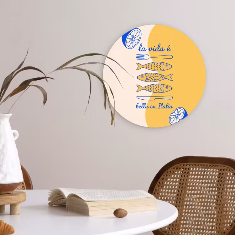 Glasbild Rund - Italien – Essen – Zitrone – Fisch – Grafik - Italië - Eten - Citroen - Vis - Grafisch Wandcirkel plexiglas klein