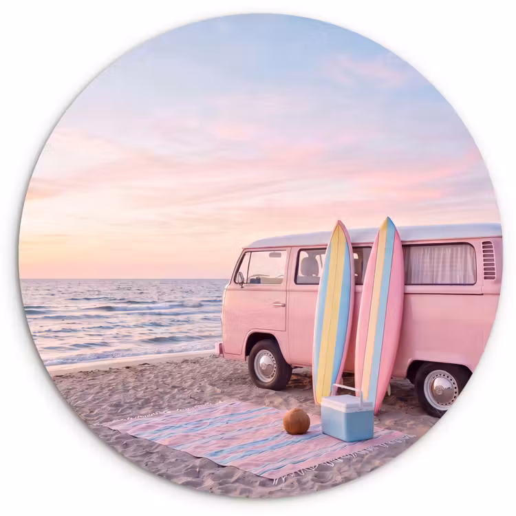 Glasbild Rund - Kleinbus – Strand – Surfbrett – Sommer – Rosa - Busje - Strand - Surfplank - Zomer - Roze Wandcirkel plexiglas klein