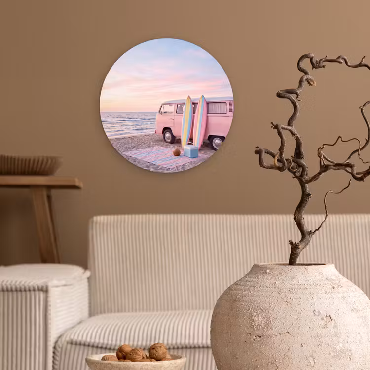 Glasbild Rund - Kleinbus – Strand – Surfbrett – Sommer – Rosa - Busje - Strand - Surfplank - Zomer - Roze Wandcirkel plexiglas klein