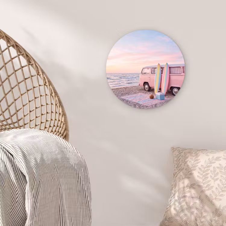 Glasbild Rund - Kleinbus – Strand – Surfbrett – Sommer – Rosa - Busje - Strand - Surfplank - Zomer - Roze Wandcirkel plexiglas klein