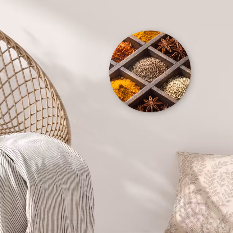 Glasbild Rund - Kräuter – Holz – Essen - Kruiden - Houten - Eten Wandcirkel plexiglas klein