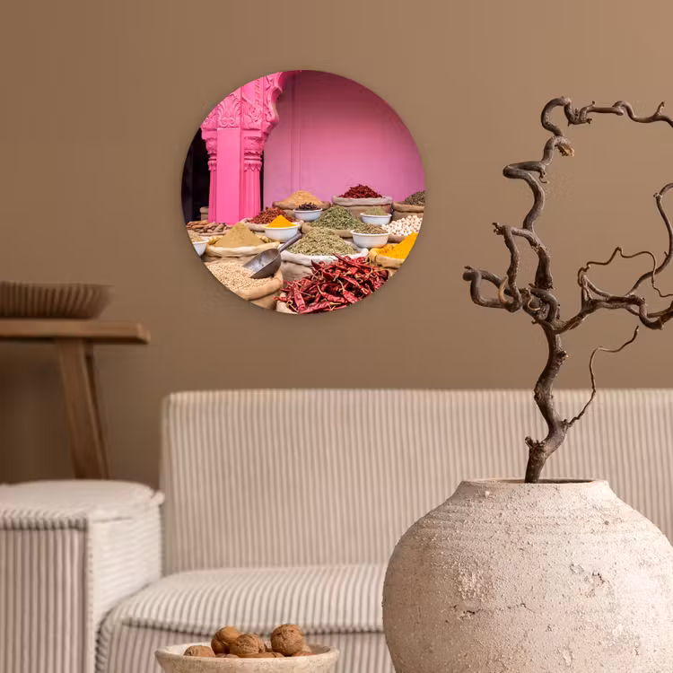 Glasbild Rund - Kräuter – Markt – Rosa - Kruiden - Markt - Roze Wandcirkel plexiglas klein