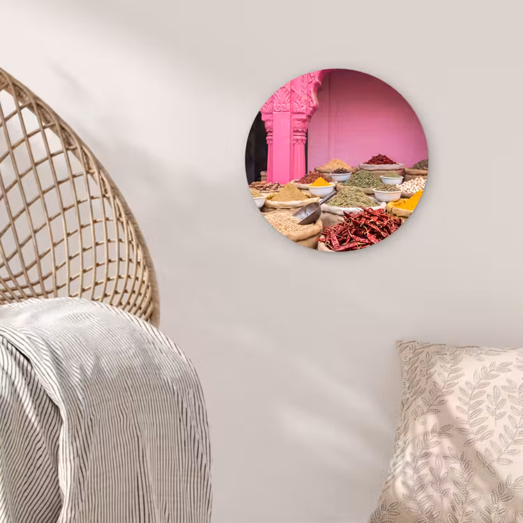 Glasbild Rund - Kräuter – Markt – Rosa - Kruiden - Markt - Roze Wandcirkel plexiglas klein