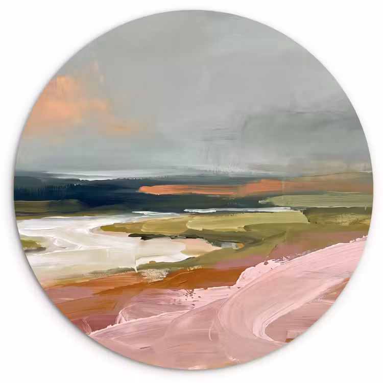 Glasbild Rund - Landschaft – Fluss – Abstrakt – Rosa – Grün - Landschap - Rivier - Abstract - Roze - Groen Wandcirkel plexiglas klein