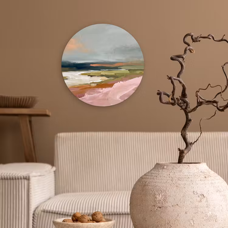 Glasbild Rund - Landschaft – Fluss – Abstrakt – Rosa – Grün - Landschap - Rivier - Abstract - Roze - Groen Wandcirkel plexiglas klein