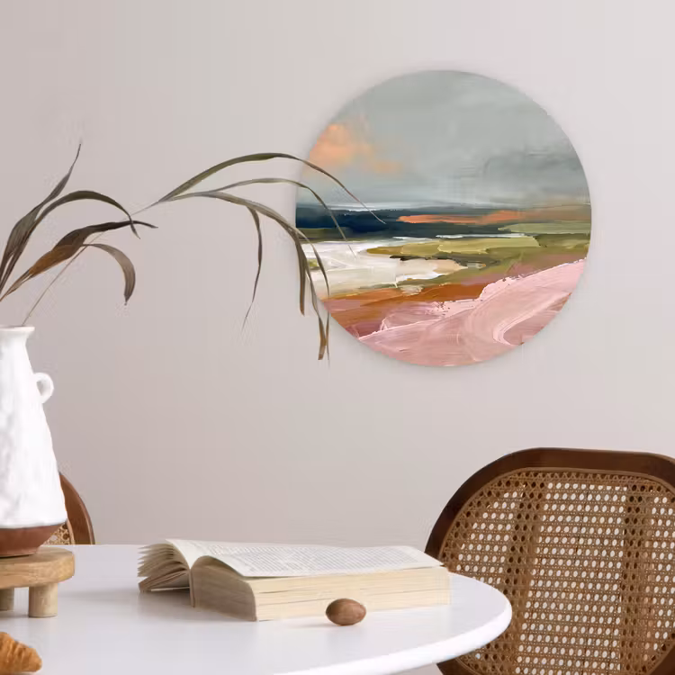 Glasbild Rund - Landschaft – Fluss – Abstrakt – Rosa – Grün - Landschap - Rivier - Abstract - Roze - Groen Wandcirkel plexiglas klein