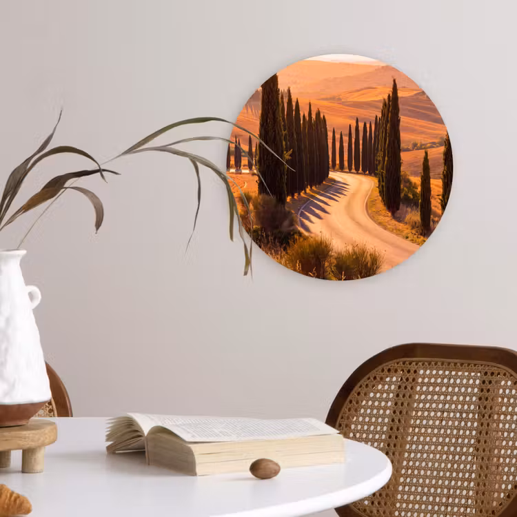 Glasbild Rund - Landschaft – Straße – Bäume – Natur – Gold - Landschap - Weg - Bomen - Natuur - Goud Wandcirkel plexiglas klein