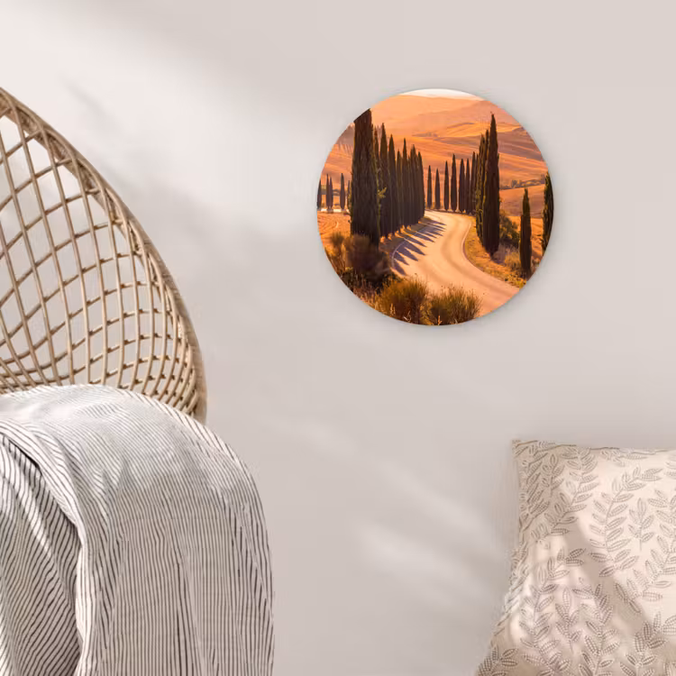 Glasbild Rund - Landschaft – Straße – Bäume – Natur – Gold - Landschap - Weg - Bomen - Natuur - Goud Wandcirkel plexiglas klein