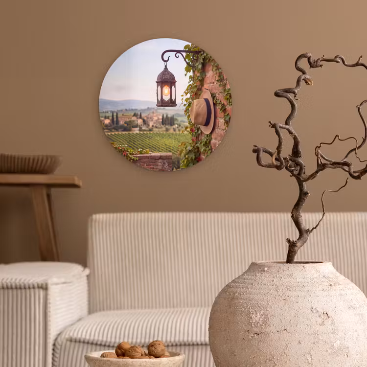 Glasbild Rund - Laterne – Weinberg – Landschaft – Italienisch - Lantaarn - Wijngaard - Landschap - Italiaans Wandcirkel plexiglas klein