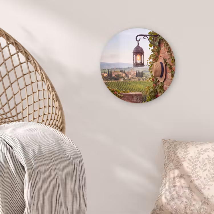 Glasbild Rund - Laterne – Weinberg – Landschaft – Italienisch - Lantaarn - Wijngaard - Landschap - Italiaans Wandcirkel plexiglas klein