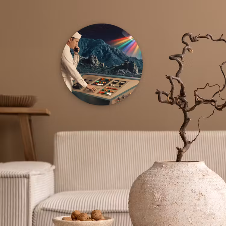 Glasbild Rund - Mann – Kontrollraum – Strand - Man - Controlekamer - Strand Wandcirkel plexiglas klein