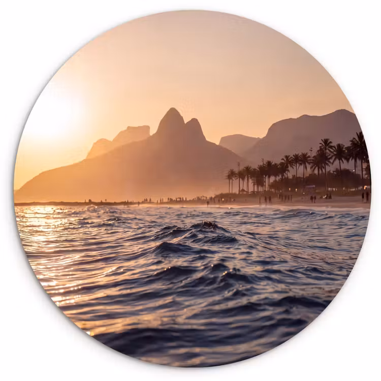 Glasbild Rund - Meer – Wellen – Sonnenuntergang – Küste – Gold - Zee - Golven - Zonsondergang - Kust - Goud Wandcirkel plexiglas klein