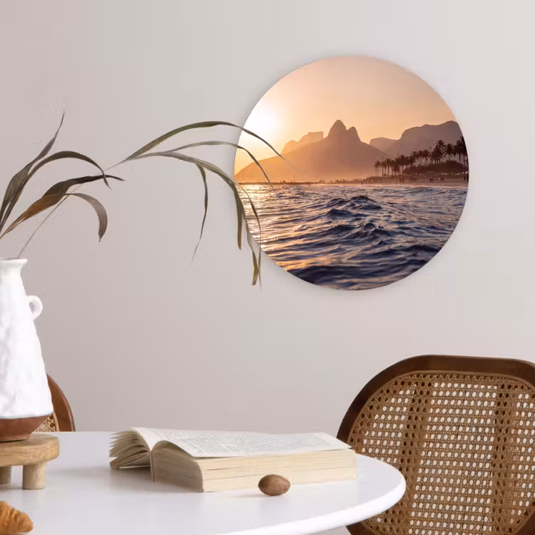 Glasbild Rund - Meer – Wellen – Sonnenuntergang – Küste – Gold - Zee - Golven - Zonsondergang - Kust - Goud Wandcirkel plexiglas klein